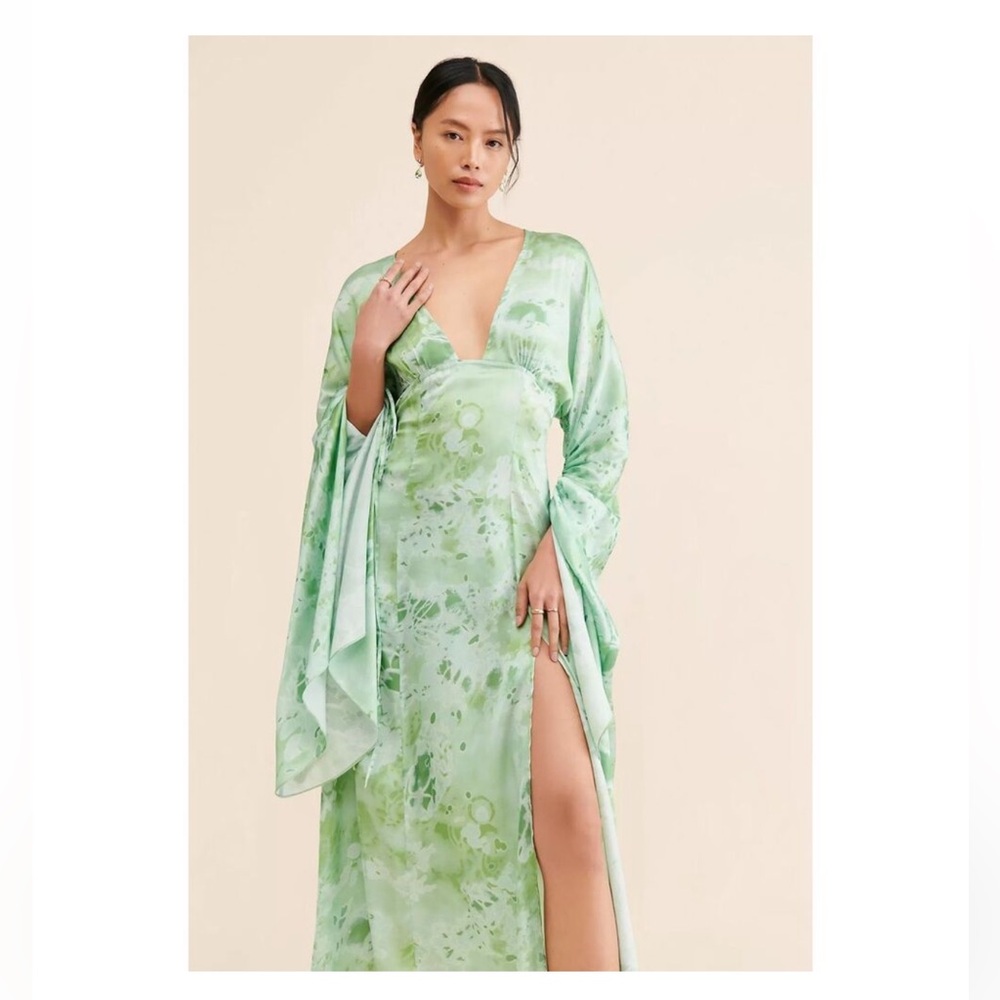 Anthropologie Light Green Satin Midi Dress with Draped Sleeves